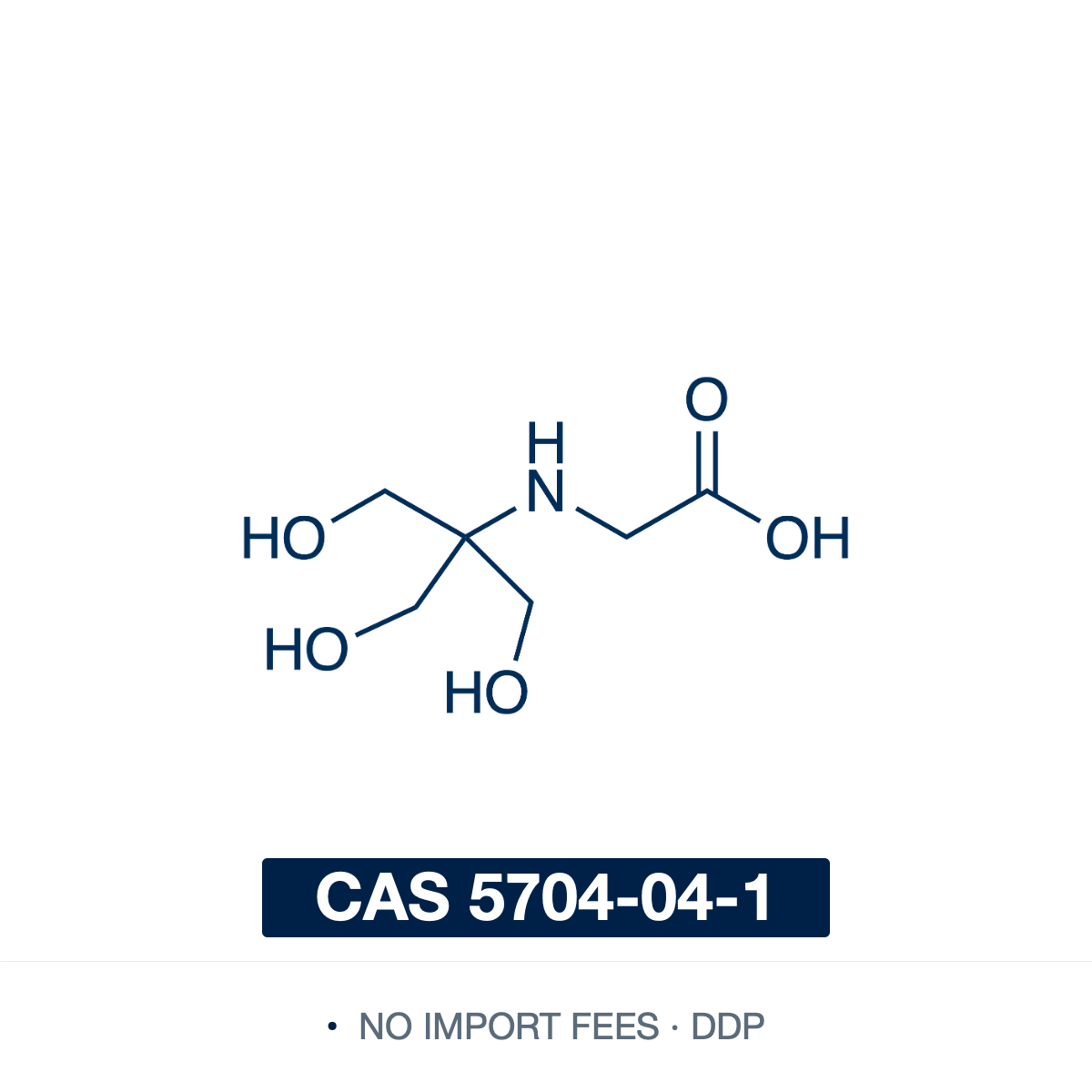 Chemical structure of Tricine (N-[tris(hydroxymethyl)methyl]glycine), CAS 5704-04-1, 98% — zwitterionic Good's biological buffer (C6H13NO5), a tris(hydroxymethyl)methyl group linked to a glycine, drawn as the zwitterion. With a pKa of ~8.1 it buffers over pH 7.4-8.8 and is widely used in Tricine-SDS-PAGE to resolve low-molecular-weight proteins/peptides (1-100 kDa), in electrophoresis and firefly-luciferase ATP assays. Supplied by NorrChemica with DDP shipping. CoA and SDS provided.