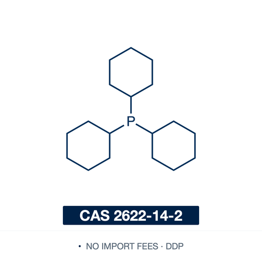 Chemical structure of Tricyclohexylphosphine (PCy3; tricyclohexylphosphane), CAS 2622-14-2, ≥97% — electron-rich, bulky monodentate trialkylphosphine ligand (C18H33P), a phosphorus centre bearing three cyclohexyl groups; a strong sigma-donor (pKa 9.7) with a large cone angle (~170 deg). A key ligand in Grubbs olefin-metathesis and Crabtree hydrogenation catalysts, and in Pd/Ni cross-coupling of unreactive aryl chlorides. Supplied by NorrChemica with DDP shipping. CoA and SDS provided.