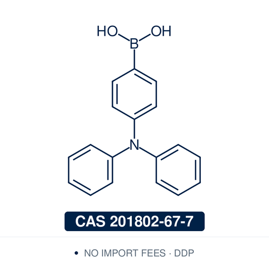 Chemical structure of Triphenylamine-4-boronic Acid, CAS 201802-67-7, ≥98% — electron-rich triphenylamine-functionalised arylboronic acid used in Pd-catalysed Suzuki-Miyaura coupling, Cu Chan-Lam C–N/C–O coupling, Rh/Ni conjugate additions, and photoredox arylation in pharma/materials synthesis, with the triphenylamine core serving as a hole-transport unit in OLED emitters, OPV/DSSC chromophores, and π-conjugated materials. Supplied by NorrChemica with DDP shipping. CoA and SDS provided.