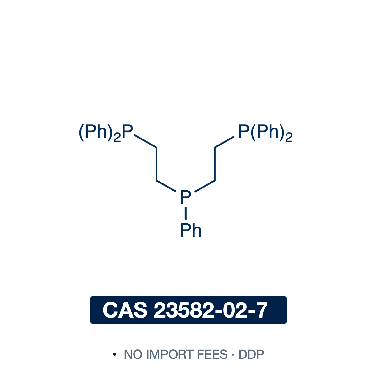 Chemical structure of Triphos (bis(2-diphenylphosphinoethyl)phenylphosphine), CAS 23582-02-7, ≥97% — linear, phosphorus-centered tridentate triphosphine ligand (C34H33P3), a central phenylphosphine linked by two ethylene bridges to terminal diphenylphosphino (-PPh2) groups: PhP(CH2CH2PPh2)2. A PPP-donor ligand that chelates transition metals for coordination chemistry and homogeneous catalysis, including cross-coupling. Supplied by NorrChemica with DDP shipping. CoA and SDS provided.