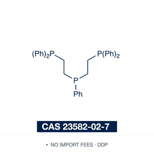 Chemical structure of Triphos (bis(2-diphenylphosphinoethyl)phenylphosphine), CAS 23582-02-7, ≥97% — linear, phosphorus-centered tridentate triphosphine ligand (C34H33P3), a central phenylphosphine linked by two ethylene bridges to terminal diphenylphosphino (-PPh2) groups: PhP(CH2CH2PPh2)2. A PPP-donor ligand that chelates transition metals for coordination chemistry and homogeneous catalysis, including cross-coupling. Supplied by NorrChemica with DDP shipping. CoA and SDS provided.