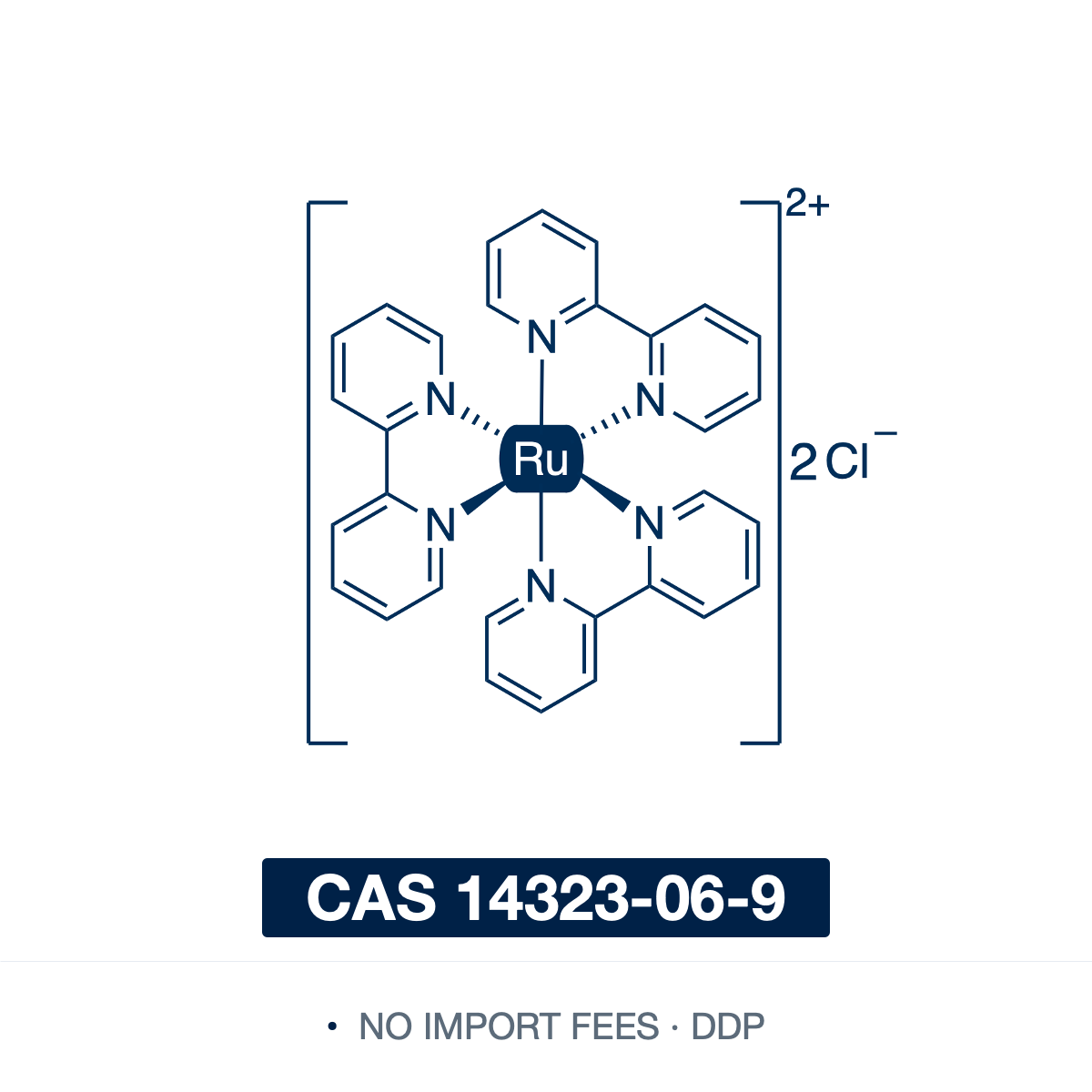 Chemical structure of Tris(2,2'-bipyridine)ruthenium(II) Dichloride ([Ru(bpy)3]Cl2), CAS 14323-06-9, ≥98% — octahedral Ru(II) tris-bipyridine chelate, the [Ru(bpy)3]2+ dication with two chloride counterions (C30H24Cl2N6Ru, the anhydrous form). A visible-light photoredox catalyst and luminescent photosensitizer whose long-lived MLCT excited state drives single-electron transfer, used in photocatalysis, water splitting and ECL sensing. Supplied by NorrChemica with DDP shipping. CoA and SDS provided.