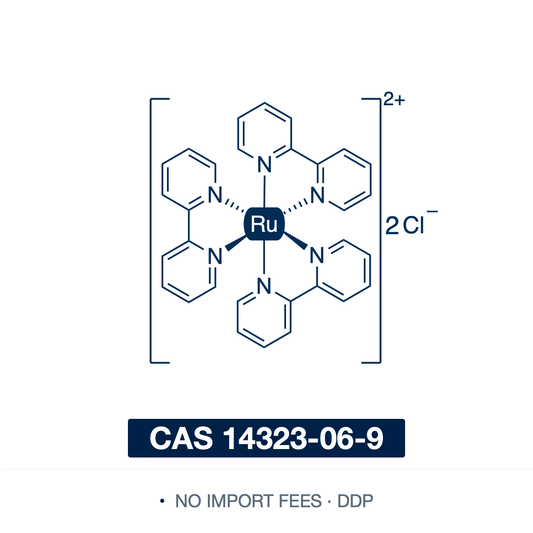 Chemical structure of Tris(2,2'-bipyridine)ruthenium(II) Dichloride ([Ru(bpy)3]Cl2), CAS 14323-06-9, ≥98% — octahedral Ru(II) tris-bipyridine chelate, the [Ru(bpy)3]2+ dication with two chloride counterions (C30H24Cl2N6Ru, the anhydrous form). A visible-light photoredox catalyst and luminescent photosensitizer whose long-lived MLCT excited state drives single-electron transfer, used in photocatalysis, water splitting and ECL sensing. Supplied by NorrChemica with DDP shipping. CoA and SDS provided.