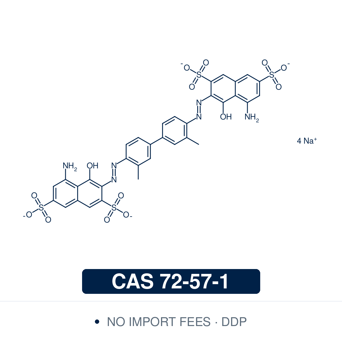 Chemical structure of Trypan Blue (Direct Blue 14), CAS 72-57-1, ≥70% dye content — bis-azo anionic dye (C.I. 23850 / Direct Blue 14) with deep blue absorbance used as a research-grade vital stain in the Trypan Blue exclusion cell viability assay, mammalian cell counting in tissue culture, histological staining of necrotic tissue, and tissue scaffold decellularization research. Supplied by NorrChemica with DDP shipping. CoA and SDS provided.