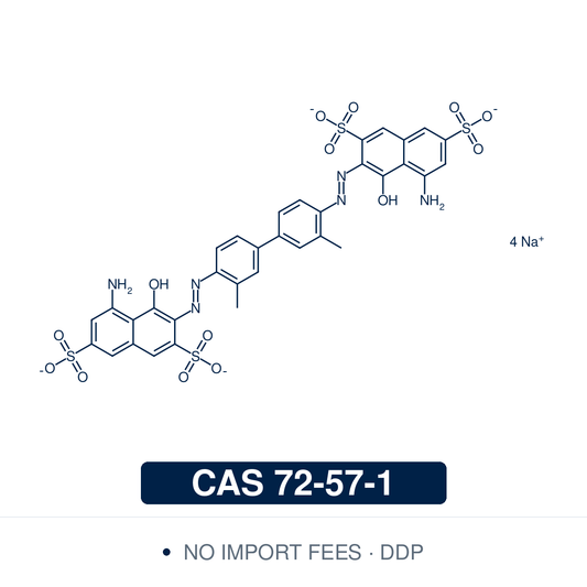 Chemical structure of Trypan Blue (Direct Blue 14), CAS 72-57-1, ≥70% dye content — bis-azo anionic dye (C.I. 23850 / Direct Blue 14) with deep blue absorbance used as a research-grade vital stain in the Trypan Blue exclusion cell viability assay, mammalian cell counting in tissue culture, histological staining of necrotic tissue, and tissue scaffold decellularization research. Supplied by NorrChemica with DDP shipping. CoA and SDS provided.