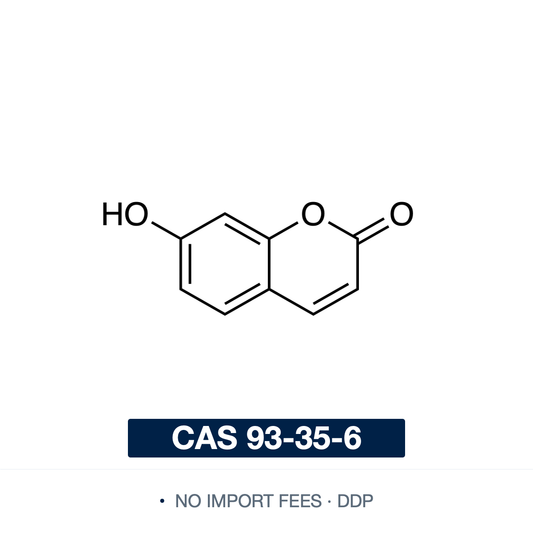 Chemical structure of Umbelliferone, CAS 93-35-6, ≥98% — 7-hydroxy-2H-chromen-2-one (7-hydroxycoumarin), a blue-fluorescent, pH-sensitive coumarin used as an enzyme-assay fluorophore, esterase and glycosidase substrate aglycone and UV-absorbing fluorescent labelling scaffold. Supplied by NorrChemica with DDP shipping. CoA and SDS provided.