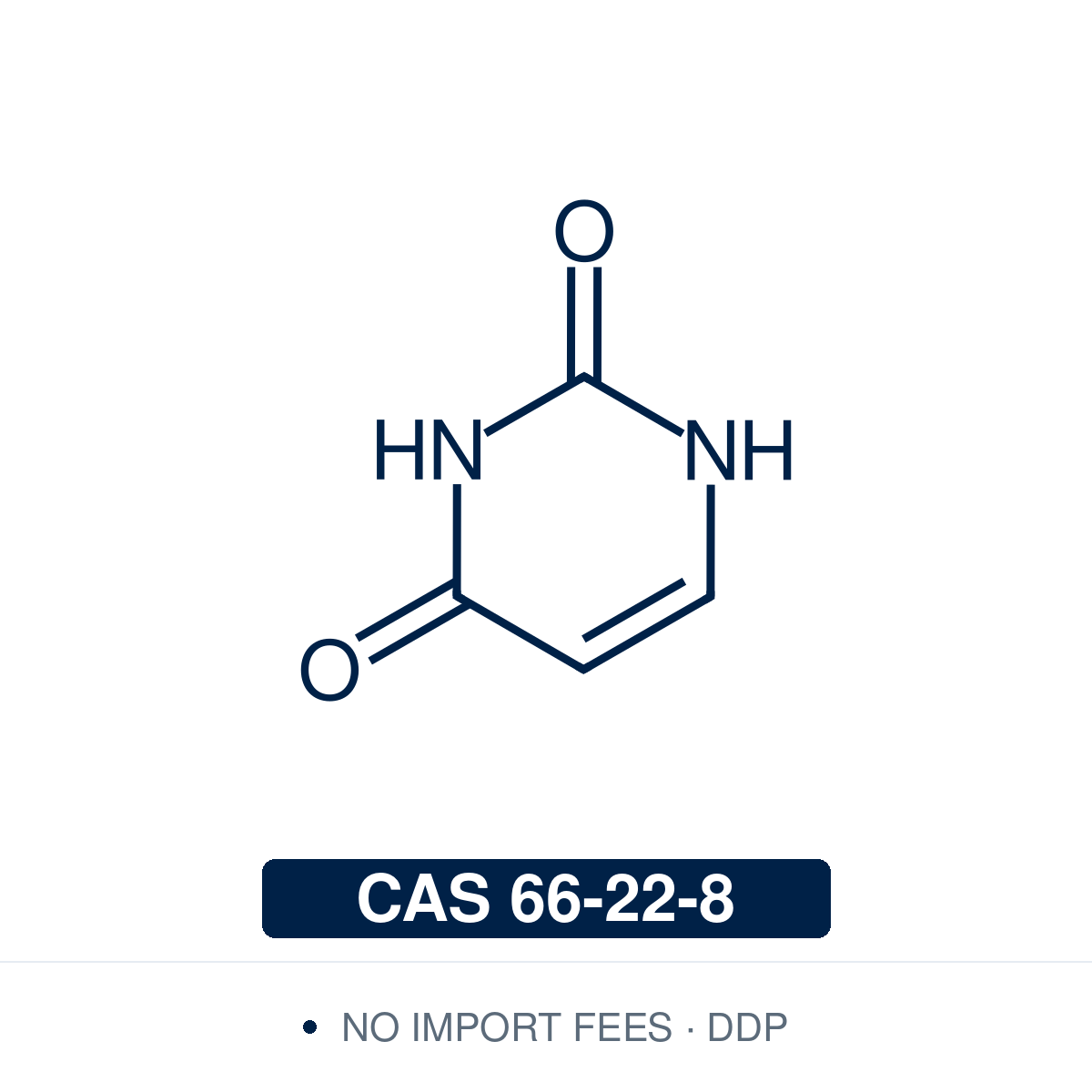 Chemical structure of Uracil, CAS 66-22-8, ≥99% — natural pyrimidine nucleobase used as an RNA building block in oligonucleotide synthesis, nucleoside chemistry, and as a reference standard for nucleic acid and base-pairing research. Supplied by NorrChemica with DDP shipping. CoA and SDS provided.