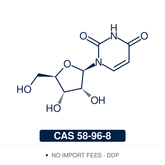 Chemical structure of Uridine, CAS 58-96-8, ≥98.0% — pyrimidine ribonucleoside and RNA building block; uracil linked to D-ribose. Supplied by NorrChemica with DDP shipping. CoA and SDS provided.