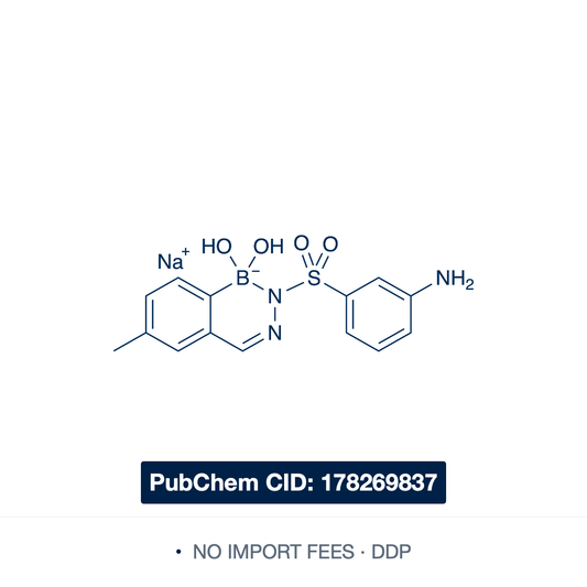 Chemical structure of VI706 (Diazaborine 62), water-soluble sodium salt of the lead diazaborine from Ilina et al. J. Med. Chem. 2026, 69, 3796–3810 — 3-aminophenylsulfonyl 6-methyl benzodiazaborine for FabI-targeted antibacterial research, colistin synergy studies, and Gram-negative drug discovery. Supplied by NorrChemica with DDP shipping. CoA and SDS provided.