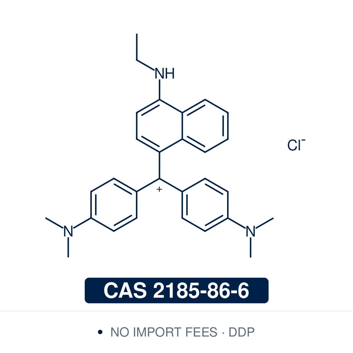 Chemical structure of Victoria Blue R (Basic Blue 11; C.I. 44040), CAS 2185-86-6, 98% — blue cationic triarylmethane (diphenylnaphthylmethane) dye with an N-ethyl naphthylamine group, drawn as the dye cation with its chloride counterion (C29H32ClN3, the form supplied). Used mainly as an industrial colorant for silk, wool, acrylic, paper and leather and in lake pigments; only rarely a biological stain. Supplied by NorrChemica with DDP shipping. CoA and SDS provided.