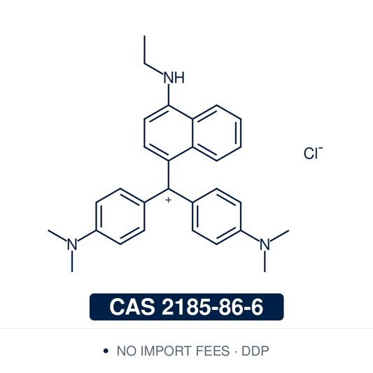 Chemical structure of Victoria Blue R (Basic Blue 11; C.I. 44040), CAS 2185-86-6, 98% — blue cationic triarylmethane (diphenylnaphthylmethane) dye with an N-ethyl naphthylamine group, drawn as the dye cation with its chloride counterion (C29H32ClN3, the form supplied). Used mainly as an industrial colorant for silk, wool, acrylic, paper and leather and in lake pigments; only rarely a biological stain. Supplied by NorrChemica with DDP shipping. CoA and SDS provided.
