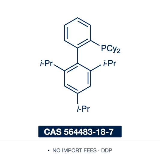 Chemical structure of XPhos (2-dicyclohexylphosphino-2',4',6'-triisopropylbiphenyl), CAS 564483-18-7, ≥97% — bulky, electron-rich, air-stable monodentate dialkylbiaryl (Buchwald) phosphine ligand (C33H49P), a dicyclohexylphosphino group at the 2-position of a 2',4',6'-triisopropylbiphenyl backbone. A premier ligand for demanding Pd-catalyzed Buchwald-Hartwig amination and Suzuki coupling of aryl chlorides and sulfonates, and for gold(I) catalysis. Supplied by NorrChemica with DDP shipping. CoA and SDS