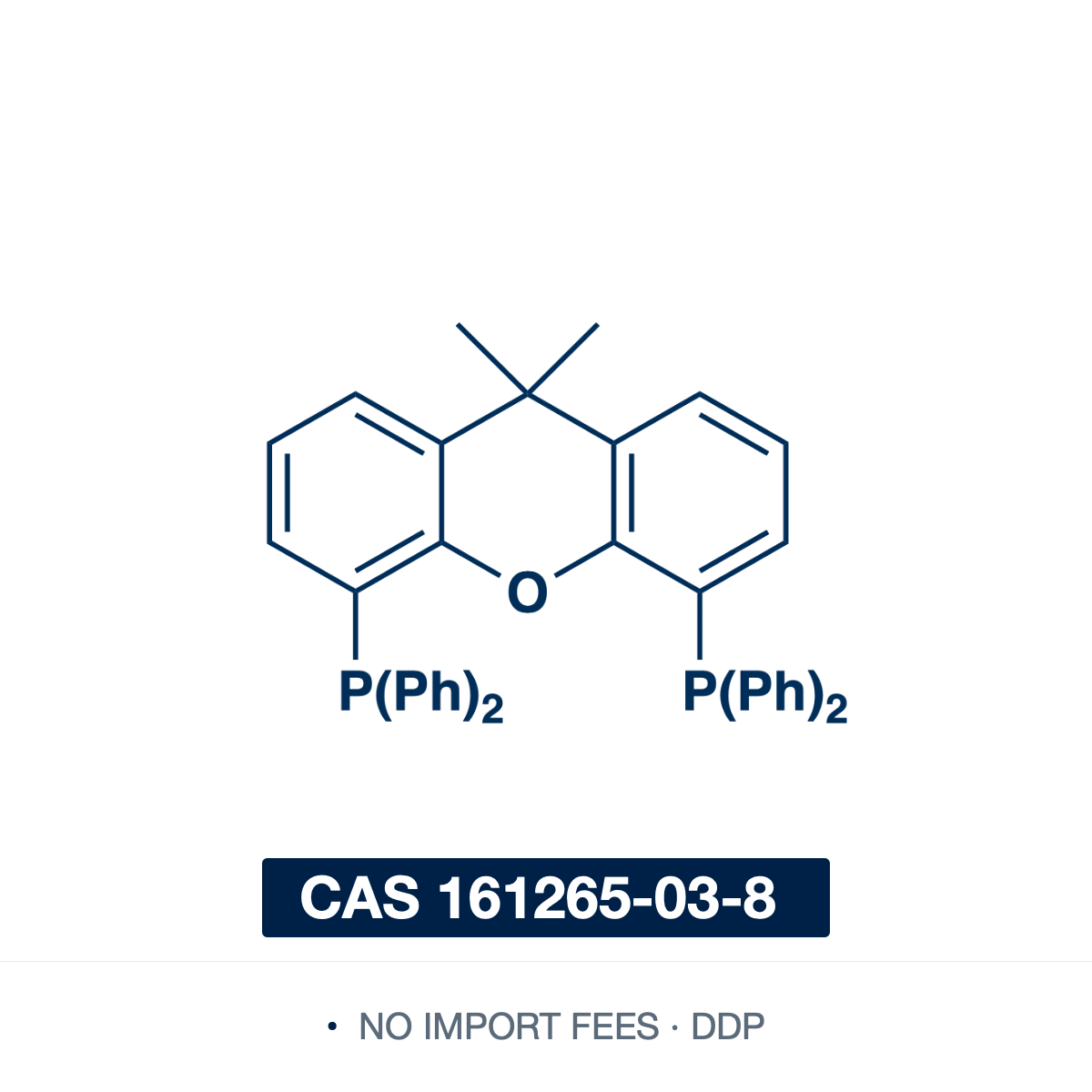 Chemical structure of Xantphos (4,5-bis(diphenylphosphino)-9,9-dimethylxanthene), CAS 161265-03-8, ≥98% — rigid, wide-bite-angle bidentate diphosphine ligand, a 9,9-dimethylxanthene backbone bearing a diphenylphosphino (-PPh2) group at the 4- and 5-positions (natural bite angle ~108 deg). A premier ligand for Pd-catalyzed Buchwald-Hartwig C-N coupling and carbonylation, and for Rh-catalyzed hydroformylation with high linear selectivity. Supplied by NorrChemica with DDP shipping. CoA and SDS provided.