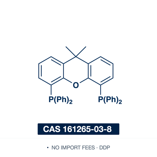 Chemical structure of Xantphos (4,5-bis(diphenylphosphino)-9,9-dimethylxanthene), CAS 161265-03-8, ≥98% — rigid, wide-bite-angle bidentate diphosphine ligand, a 9,9-dimethylxanthene backbone bearing a diphenylphosphino (-PPh2) group at the 4- and 5-positions (natural bite angle ~108 deg). A premier ligand for Pd-catalyzed Buchwald-Hartwig C-N coupling and carbonylation, and for Rh-catalyzed hydroformylation with high linear selectivity. Supplied by NorrChemica with DDP shipping. CoA and SDS provided.