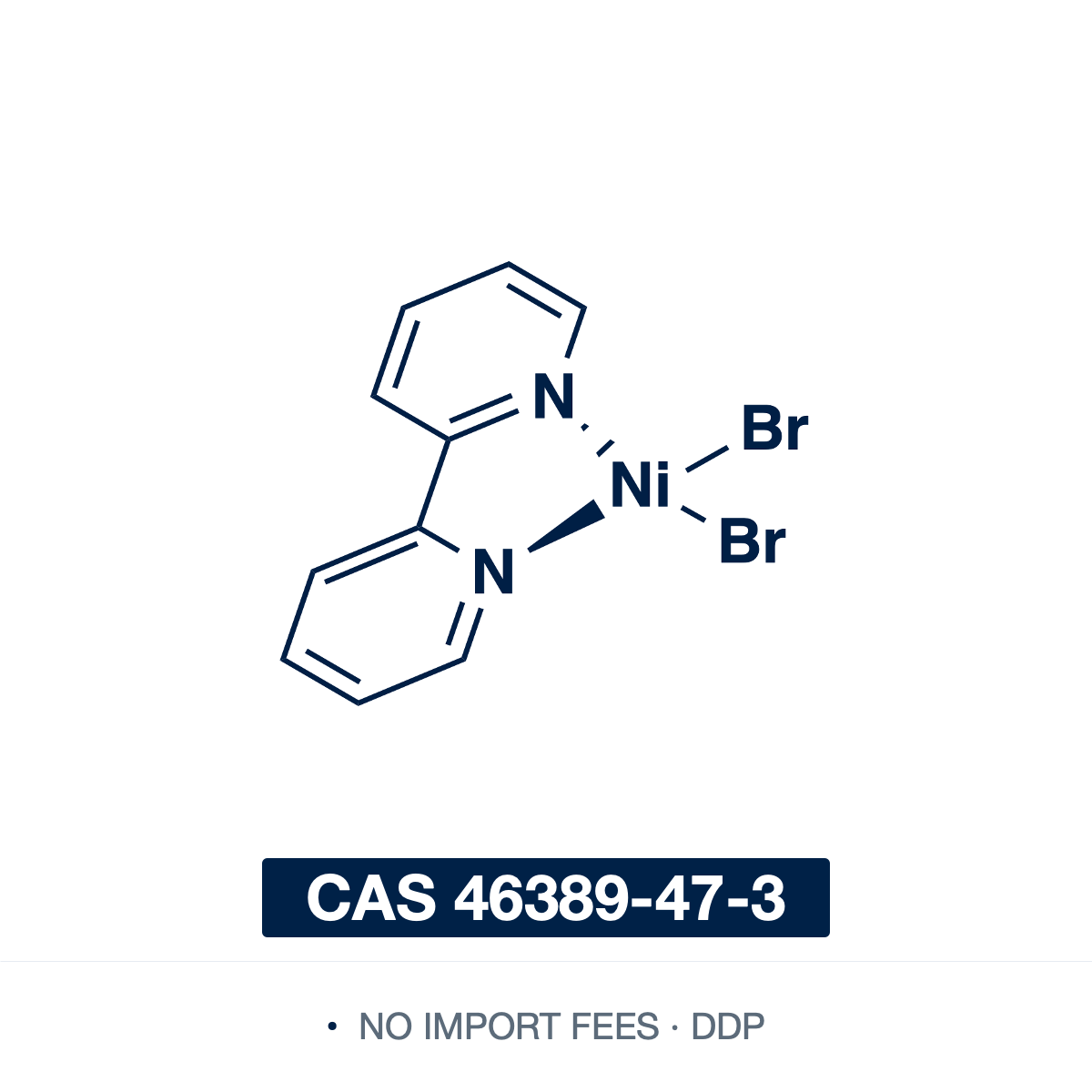 Chemical structure of (2,2'-Bipyridine)nickel dibromide, CAS 46389-47-3, ≥97.0% — bipyridine-ligated nickel(II) precatalyst used in Ni-catalysed cross-coupling, reductive coupling, and photoredox/Ni dual catalysis. Supplied by NorrChemica with DDP shipping. CoA and SDS provided.