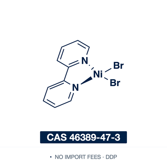 Chemical structure of (2,2'-Bipyridine)nickel dibromide, CAS 46389-47-3, ≥97.0% — bipyridine-ligated nickel(II) precatalyst used in Ni-catalysed cross-coupling, reductive coupling, and photoredox/Ni dual catalysis. Supplied by NorrChemica with DDP shipping. CoA and SDS provided.