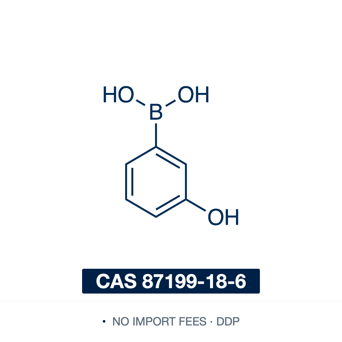 Chemical structure of (3-Hydroxyphenyl)boronic Acid, CAS 87199-18-6, ≥98% — (3-hydroxyphenyl)boronic acid, a Suzuki–Miyaura coupling reagent whose meta-phenol handle supports further functionalisation and diol- and saccharide-recognition scaffolds. Supplied by NorrChemica with DDP shipping. CoA and SDS provided.
