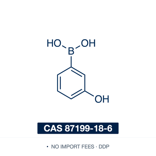 Chemical structure of (3-Hydroxyphenyl)boronic Acid, CAS 87199-18-6, ≥98% — (3-hydroxyphenyl)boronic acid, a Suzuki–Miyaura coupling reagent whose meta-phenol handle supports further functionalisation and diol- and saccharide-recognition scaffolds. Supplied by NorrChemica with DDP shipping. CoA and SDS provided.