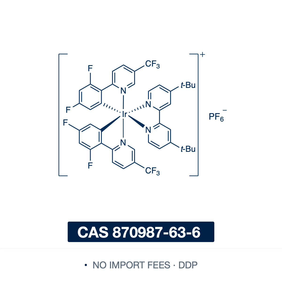 Chemical structure of [Ir[dF(CF3)ppy]2(dtbbpy)]PF6, CAS 870987-63-6, ≥98% — a cationic cyclometalated iridium(III) complex (C42H34F16IrN4P) with two fluorinated dF(CF3)ppy ligands and a di-tert-butylbipyridine ancillary. It absorbs blue light to an excited state more strongly oxidizing than conventional iridium photocatalysts, and is used for cascade cyclizations and the late-stage incorporation of alkyl groups into biologically active heterocycles. Supplied by NorrChemica with DDP shipping. CoA and SDS