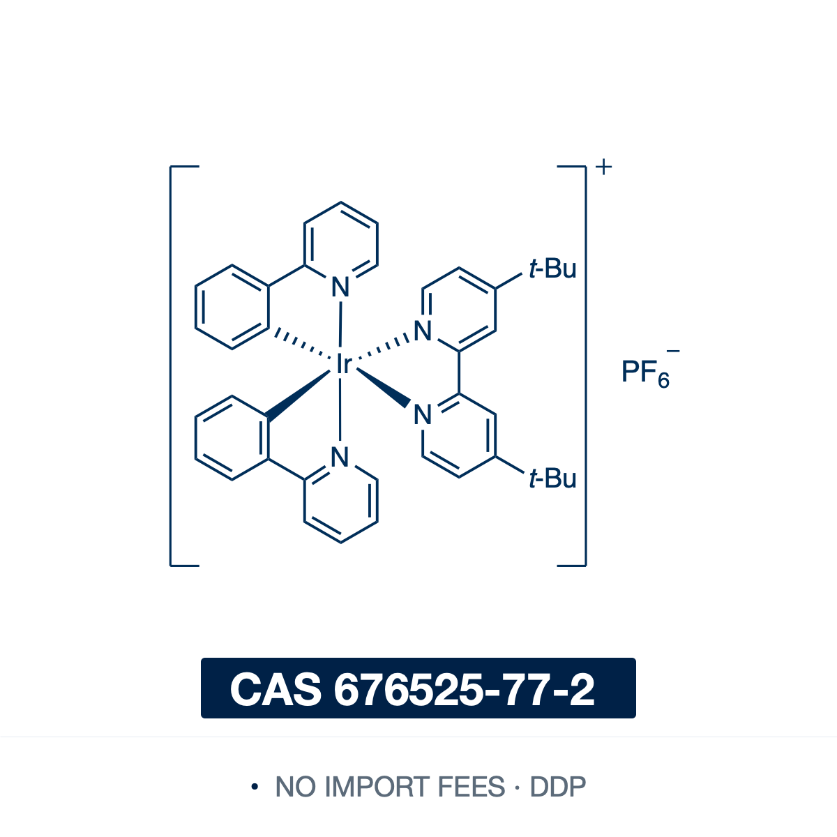 Chemical structure of [Ir(dtbbpy)(ppy)2]PF6, CAS 676525-77-2, ≥97% — a cationic heteroleptic cyclometalated iridium(III) complex (C40H40F6IrN4P) with two 2-phenylpyridine ligands and a di-tert-butylbipyridine ancillary. It absorbs blue light to a triplet excited state accessible by both oxidative and reductive quenching, a visible-light photoredox catalyst for atom-transfer radical additions, oxidative aza-Henry couplings and metallaphotoredox cross-couplings. Supplied by NorrChemica with DDP shipping. CoA 