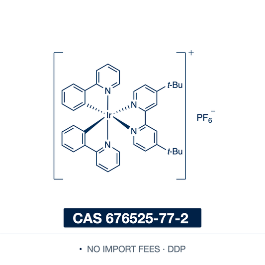 Chemical structure of [Ir(dtbbpy)(ppy)2]PF6, CAS 676525-77-2, ≥97% — a cationic heteroleptic cyclometalated iridium(III) complex (C40H40F6IrN4P) with two 2-phenylpyridine ligands and a di-tert-butylbipyridine ancillary. It absorbs blue light to a triplet excited state accessible by both oxidative and reductive quenching, a visible-light photoredox catalyst for atom-transfer radical additions, oxidative aza-Henry couplings and metallaphotoredox cross-couplings. Supplied by NorrChemica with DDP shipping. CoA 