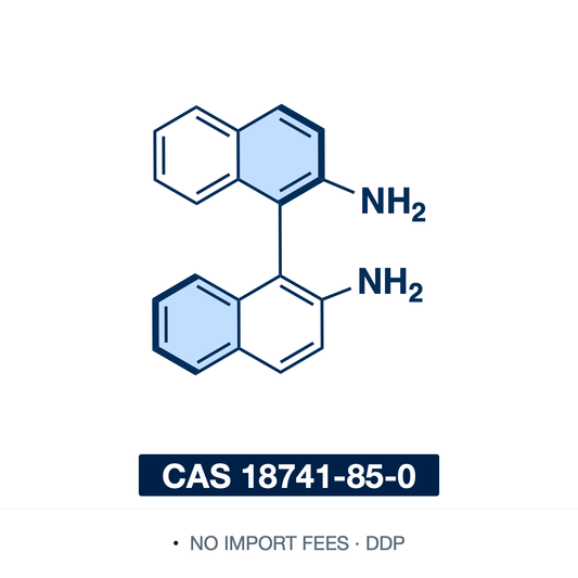 Chemical structure of (R)-1,1'-Binaphthyl-2,2'-diamine ((R)-(+)-BINAM; (R)-(+)-DABN), CAS 18741-85-0, ≥98% — C2-symmetric, axially chiral (atropisomeric) binaphthyl diamine (C20H16N2), two naphthalene units joined at the 1,1'-positions bearing amino groups at 2 and 2', the nitrogen analog of BINOL. The (R) antipode of (S)-BINAM, a chiral diamine building block and ligand precursor for asymmetric catalysis. Supplied by NorrChemica with DDP shipping. CoA and SDS provided.