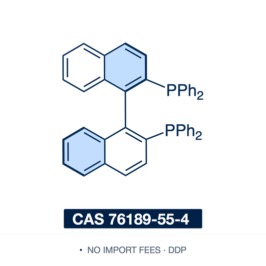 Chemical structure of (R)-BINAP ((R)-(+)-2,2'-bis(diphenylphosphino)-1,1'-binaphthyl), CAS 76189-55-4, ≥99% — C2-symmetric, axially chiral (atropisomeric) bisphosphine ligand (C44H32P2), a 1,1'-binaphthyl backbone bearing a diphenylphosphino (PPh2) group at the 2 and 2' positions. The (R) antipode of (S)-BINAP, a landmark ligand for metal-catalyzed asymmetric hydrogenation (Ru/Rh-BINAP) and enantioselective catalysis. Supplied by NorrChemica with DDP shipping. CoA and SDS provided.
