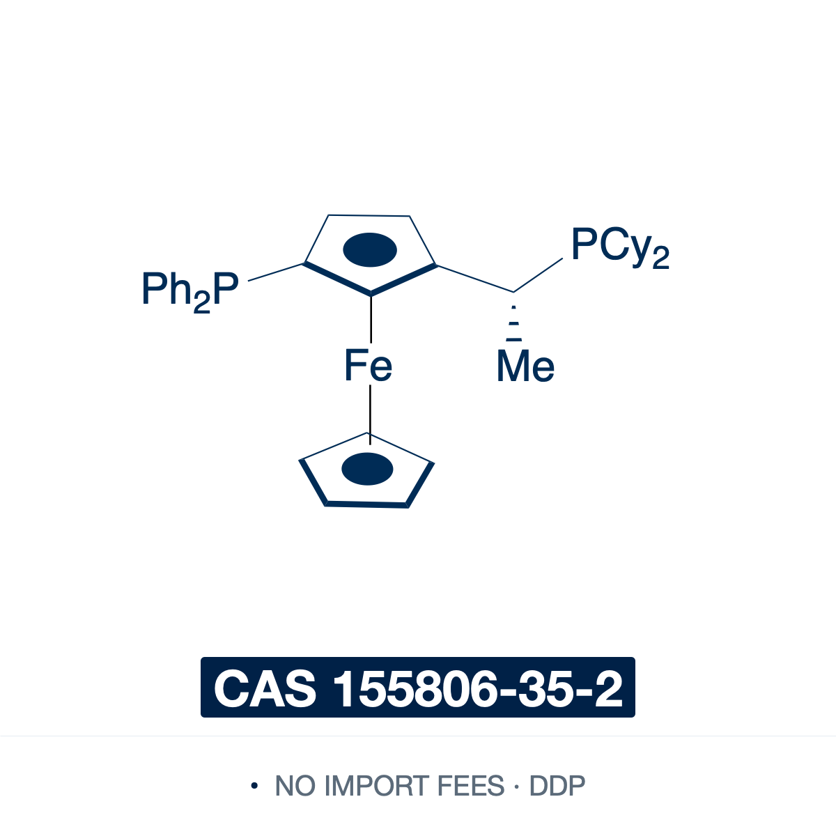 Chemical structure of (R,Sp)-Josiphos (SL-J001-1), CAS 155806-35-2, 97% — central- and planar-chiral ferrocenyl diphosphine ligand (C36H44FeP2), a 1,2-disubstituted ferrocene with a diphenylphosphino (PPh2) group on the ring and a dicyclohexylphosphino (PCy2) group on the stereogenic ethyl side chain. The two differentiated donors form an unsymmetrical chiral pocket — a privileged ligand for asymmetric hydrogenation. Supplied by NorrChemica with DDP shipping. CoA and SDS provided.