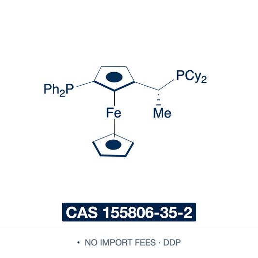 Chemical structure of (R,Sp)-Josiphos (SL-J001-1), CAS 155806-35-2, 97% — central- and planar-chiral ferrocenyl diphosphine ligand (C36H44FeP2), a 1,2-disubstituted ferrocene with a diphenylphosphino (PPh2) group on the ring and a dicyclohexylphosphino (PCy2) group on the stereogenic ethyl side chain. The two differentiated donors form an unsymmetrical chiral pocket — a privileged ligand for asymmetric hydrogenation. Supplied by NorrChemica with DDP shipping. CoA and SDS provided.