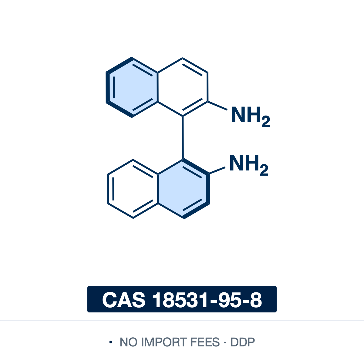 Chemical structure of (R)-1,1'-Binaphthyl-2,2'-diamine ((R)-(+)-BINAM; (R)-(+)-DABN), CAS 18741-85-0, ≥98% — C2-symmetric, axially chiral (atropisomeric) binaphthyl diamine (C20H16N2), two naphthalene units joined at the 1,1'-positions bearing amino groups at 2 and 2', the nitrogen analogue of BINOL. The (R) antipode of (S)-BINAM, a chiral diamine building block and ligand precursor for asymmetric catalysis. Supplied by NorrChemica with DDP shipping. CoA and SDS provided.