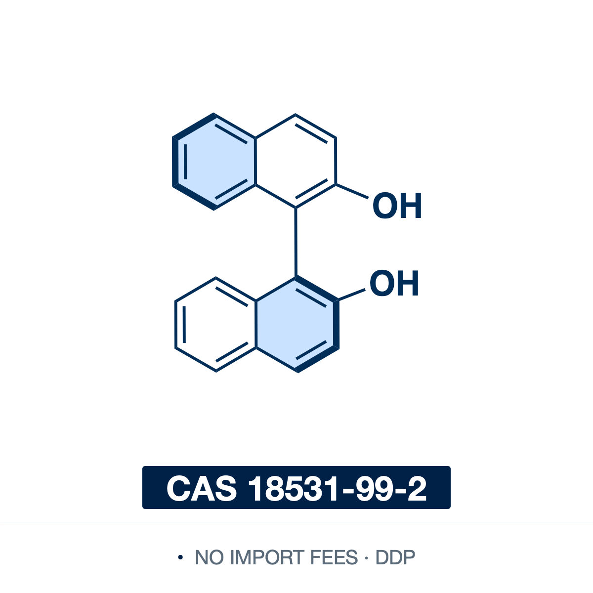 Chemical structure of (S)-1,1'-Bi-2-naphthol ((S)-(-)-BINOL), CAS 18531-99-2, ≥98% — C2-symmetric, axially chiral (atropisomeric) binaphthol (C20H14O2), two naphthalene units joined at the 1,1'-positions bearing hydroxyl groups at 2 and 2'. The (S) antipode of (R)-BINOL, a privileged chiral diol ligand and organocatalyst precursor for asymmetric synthesis, from BINOL-metal Lewis acids to chiral phosphoric acids. Supplied by NorrChemica with DDP shipping. CoA and SDS provided.