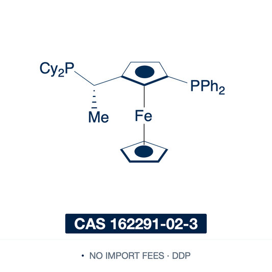 Chemical structure of (S,Rp)-Josiphos (SL-J001-2), CAS 162291-02-3, ≥98% — central- and planar-chiral ferrocenyl diphosphine ligand (C36H44FeP2), a 1,2-disubstituted ferrocene with a diphenylphosphino (PPh2) group on the ring and a dicyclohexylphosphino (PCy2) group on the stereogenic ethyl side chain. The (S,Rp) antipode of SL-J001-1, its two differentiated donors form an unsymmetrical chiral pocket — a privileged ligand for asymmetric hydrogenation. Supplied by NorrChemica with DDP shipping. CoA and SDS 