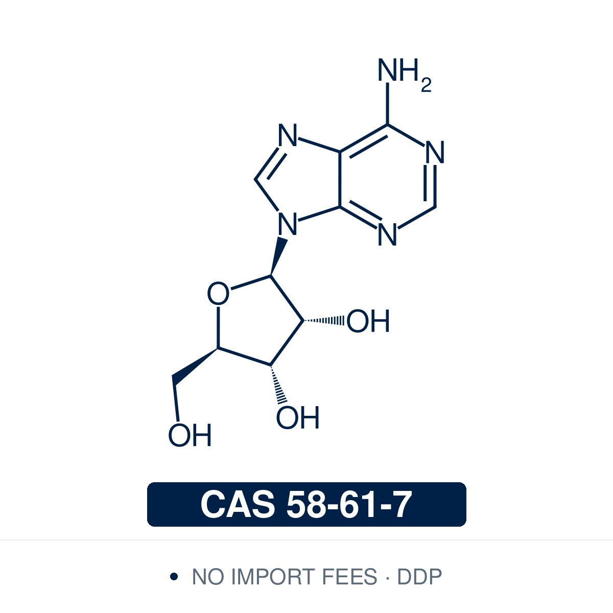 Chemical structure of Adenosine, CAS 58-61-7, ≥98% — purine ribonucleoside and RNA building block; adenine linked to D-ribose. Supplied by NorrChemica with DDP shipping. CoA and SDS provided.