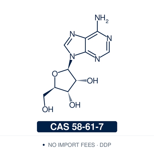 Chemical structure of Adenosine, CAS 58-61-7, ≥98% — purine ribonucleoside and RNA building block; adenine linked to D-ribose. Supplied by NorrChemica with DDP shipping. CoA and SDS provided.