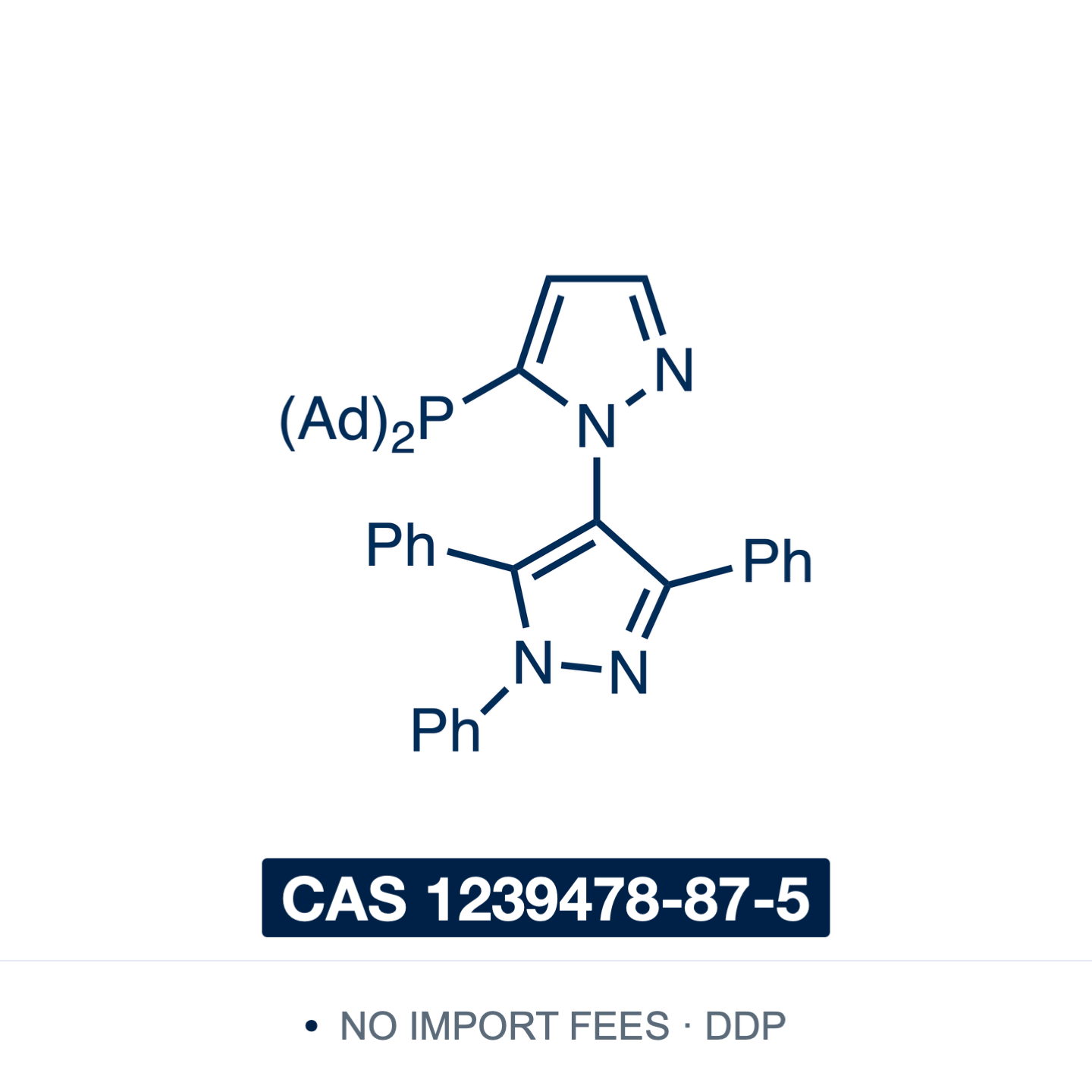 Chemical structure of AdBippyPhos (5-[di(1-adamantyl)phosphino]-1',3',5'-triphenyl-1'H-[1,4']bipyrazole), CAS 1239478-87-5, ≥97% — bulky electron-rich bipyrazole-backboned phosphine carrying two adamantyl cages on phosphorus; ligand for palladium-catalysed Buchwald-Hartwig amination and difficult C–N couplings. Supplied by NorrChemica with DDP shipping. CoA and SDS provided.