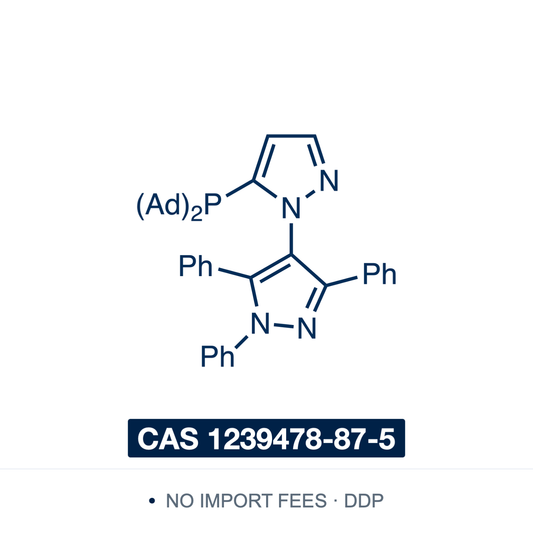 Chemical structure of AdBippyPhos (5-[di(1-adamantyl)phosphino]-1',3',5'-triphenyl-1'H-[1,4']bipyrazole), CAS 1239478-87-5, ≥97% — bulky electron-rich bipyrazole-backboned phosphine carrying two adamantyl cages on phosphorus; ligand for palladium-catalysed Buchwald-Hartwig amination and difficult C–N couplings. Supplied by NorrChemica with DDP shipping. CoA and SDS provided.