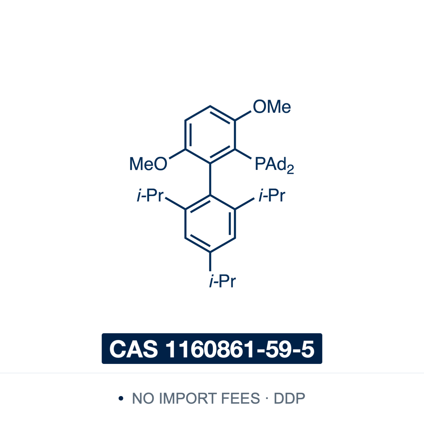 Chemical structure of AdBrettPhos (2-[di(1-adamantyl)phosphino]-3,6-dimethoxy-2',4',6'-triisopropylbiphenyl), CAS 1160861-59-5, ≥95% — bulky electron-rich dialkylbiaryl phosphine carrying two adamantyl cages on phosphorus; ligand for palladium-catalysed monoarylation of ammonia, couplings of five-membered heteroarenes, fluorination of aryl triflates and C–O coupling of primary alcohols. Supplied by NorrChemica with DDP shipping. CoA and SDS provided.