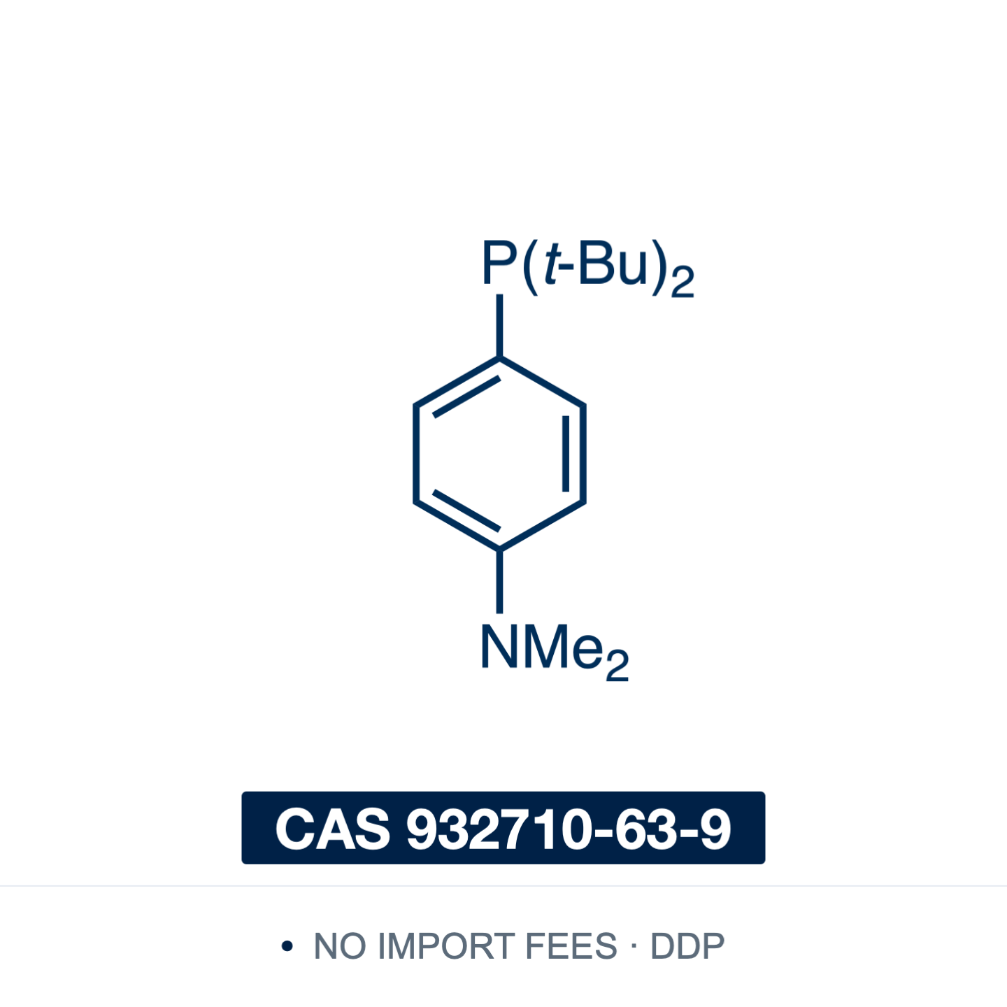 Chemical structure of Amphos (di-tert-butyl(4-dimethylaminophenyl)phosphine, A-taPhos), CAS 932710-63-9, ≥97% — electron-rich, sterically demanding monodentate trialkyl/aryl phosphine whose para-dimethylamino group protonates to a water-soluble ammonium salt; ligand for palladium-catalysed Suzuki–Miyaura, Sonogashira, Negishi and Buchwald–Hartwig couplings, including aqueous and microwave protocols. Supplied by NorrChemica with DDP shipping. CoA and SDS provided.