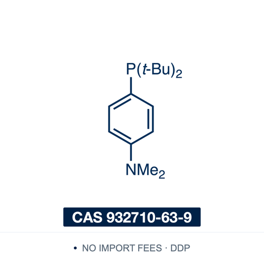 Chemical structure of Amphos (di-tert-butyl(4-dimethylaminophenyl)phosphine, A-taPhos), CAS 932710-63-9, ≥97% — electron-rich, sterically demanding monodentate trialkyl/aryl phosphine whose para-dimethylamino group protonates to a water-soluble ammonium salt; ligand for palladium-catalysed Suzuki–Miyaura, Sonogashira, Negishi and Buchwald–Hartwig couplings, including aqueous and microwave protocols. Supplied by NorrChemica with DDP shipping. CoA and SDS provided.