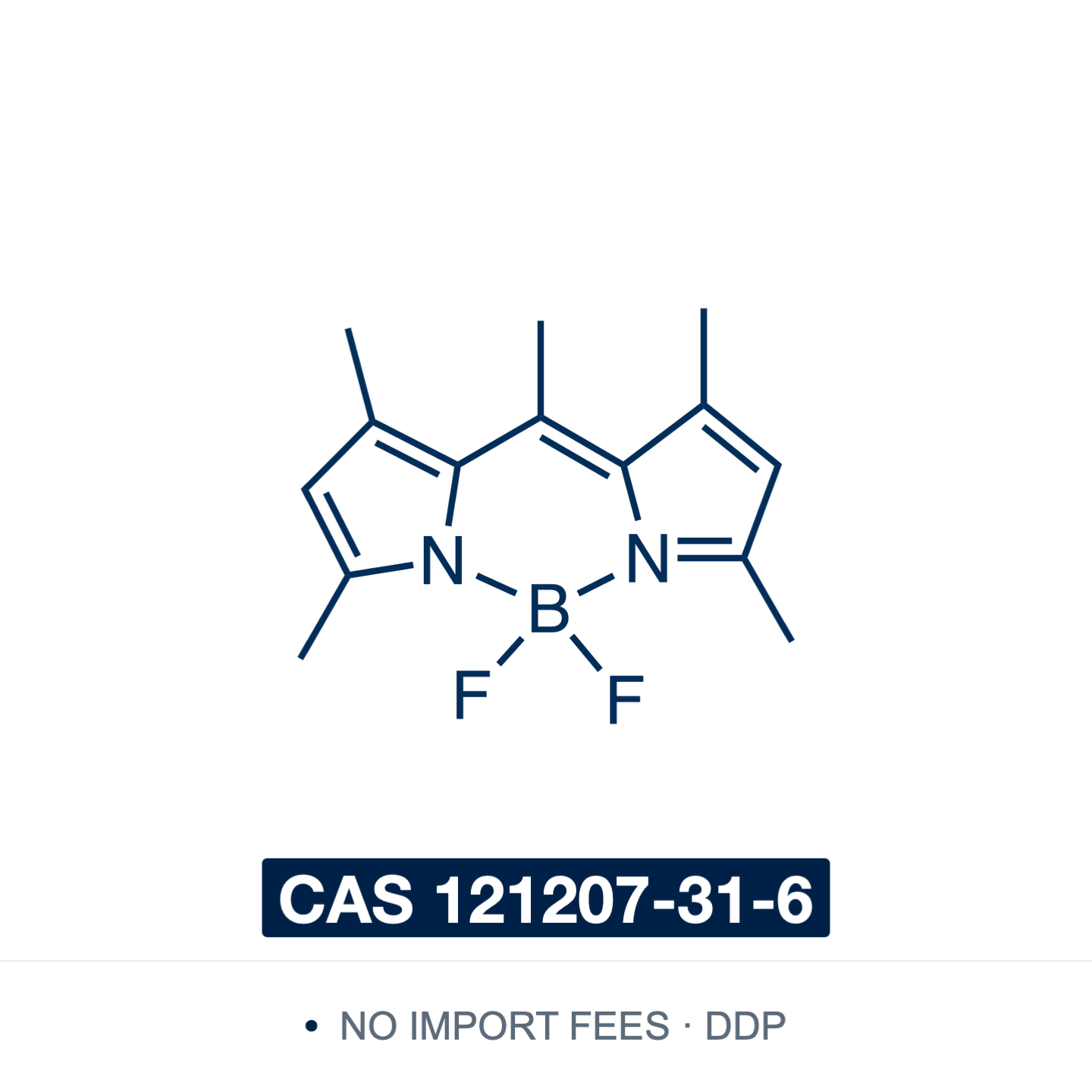 Chemical structure of BODIPY 493/503 (Pyrromethene 546; 5,5-difluoro-1,3,7,9,10-pentamethyl-5H-dipyrrolo[1,2-c:2',1'-f][1,3,2]diazaborinin-4-ium-5-uide), CAS 121207-31-6, ≥99% — neutral lipophilic boron-dipyrromethene fluorophore with a BF₂ chelate core; used for lipid droplet staining in microscopy and flow cytometry, and as a solid-state laser dye. Supplied by NorrChemica with DDP shipping. CoA and SDS provided.