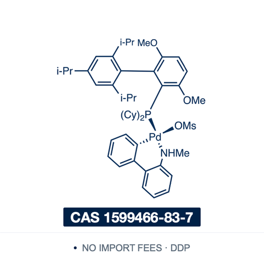 Chemical structure of BrettPhos Pd G4, CAS 1599466-83-7, ≥98% — a fourth-generation Buchwald precatalyst pairing the bulky BrettPhos ligand with an N-methyl aminobiphenyl palladacycle, which on base activation releases the monoligated LPd(0) species together with N-methylcarbazole, used for Buchwald-Hartwig amination and C-N coupling of primary amines and amides. Supplied by NorrChemica with DDP shipping. CoA and SDS provided.