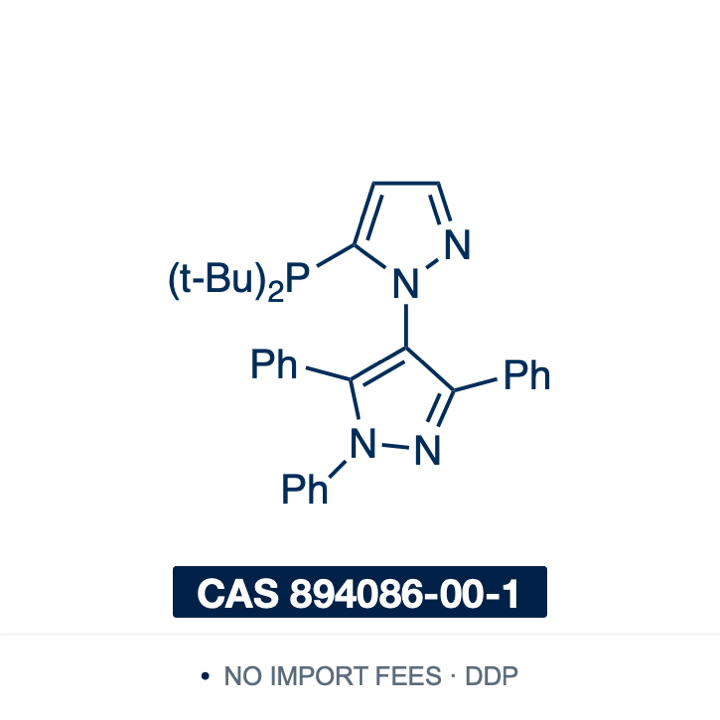 Chemical structure of BippyPhos (5-(di-tert-butylphosphino)-1′,3′,5′-triphenyl-1′H-[1,4′]bipyrazole), CAS 894086-00-1, ≥98% — bulky electron-rich bipyrazole phosphine ligand for palladium-catalysed amination of aryl halides including aryl chlorides, typically paired with Pd₂(dba)₃, and non-proprietary. Supplied by NorrChemica with DDP shipping. CoA and SDS provided.