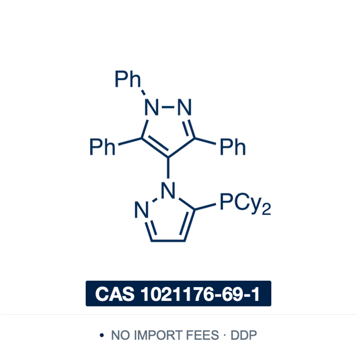 Chemical structure of Cy-BippyPhos (5-(dicyclohexylphosphino)-1′,3′,5′-triphenyl-1′H-[1,4′]bipyrazole), CAS 1021176-69-1, ≥98% — electron-rich bipyrazole-backboned phosphine, the dicyclohexyl analogue of BippyPhos; ligand for palladium-catalysed Buchwald–Hartwig amination of (hetero)aryl chlorides and bromides, particularly secondary amines, where the bulkier family members suffer competitive hydroxylation. Supplied by NorrChemica with DDP shipping. CoA and SDS provided.