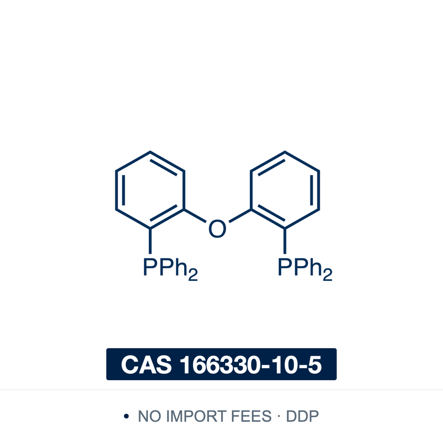 Chemical structure of DPEphos (bis[2-(diphenylphosphino)phenyl] ether), CAS 166330-10-5, ≥97% — flexible wide-bite-angle bidentate diphosphine with a diaryl ether backbone and a natural bite angle near 102°; ligand for palladium-catalysed Buchwald–Hartwig amination and carbonylation, ruthenium hydrogen-borrowing amine synthesis and Cu(I) emitters. Supplied by NorrChemica with DDP shipping. CoA and SDS provided.