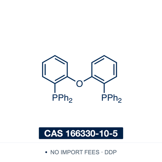 Chemical structure of DPEphos (bis[2-(diphenylphosphino)phenyl] ether), CAS 166330-10-5, ≥97% — flexible wide-bite-angle bidentate diphosphine with a diaryl ether backbone and a natural bite angle near 102°; ligand for palladium-catalysed Buchwald–Hartwig amination and carbonylation, ruthenium hydrogen-borrowing amine synthesis and Cu(I) emitters. Supplied by NorrChemica with DDP shipping. CoA and SDS provided.