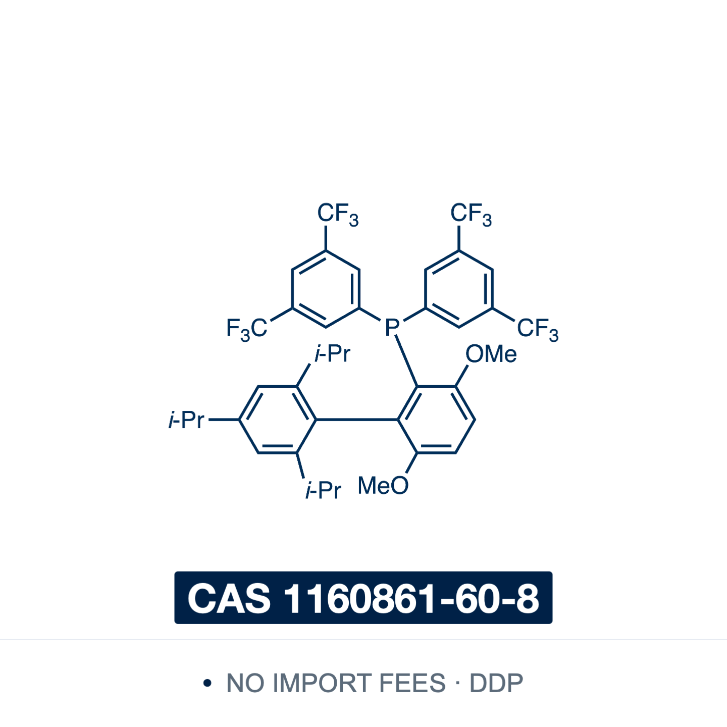 Chemical structure of JackiePhos (2-{bis[3,5-bis(trifluoromethyl)phenyl]phosphino}-3,6-dimethoxy-2',4',6'-triisopropyl-1,1'-biphenyl), CAS 1160861-60-8, ≥98% — electron-poor dialkylbiaryl-type phosphine bearing four trifluoromethyl groups on the phosphorus aryls; ligand for palladium-catalysed cross-coupling and for cationic gold(I) catalysis. Supplied by NorrChemica with DDP shipping. CoA and SDS provided.
