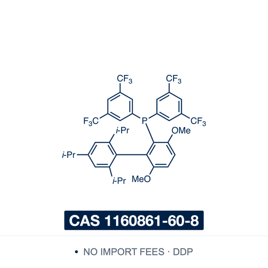 Chemical structure of JackiePhos (2-{bis[3,5-bis(trifluoromethyl)phenyl]phosphino}-3,6-dimethoxy-2',4',6'-triisopropyl-1,1'-biphenyl), CAS 1160861-60-8, ≥98% — electron-poor dialkylbiaryl-type phosphine bearing four trifluoromethyl groups on the phosphorus aryls; ligand for palladium-catalysed cross-coupling and for cationic gold(I) catalysis. Supplied by NorrChemica with DDP shipping. CoA and SDS provided.