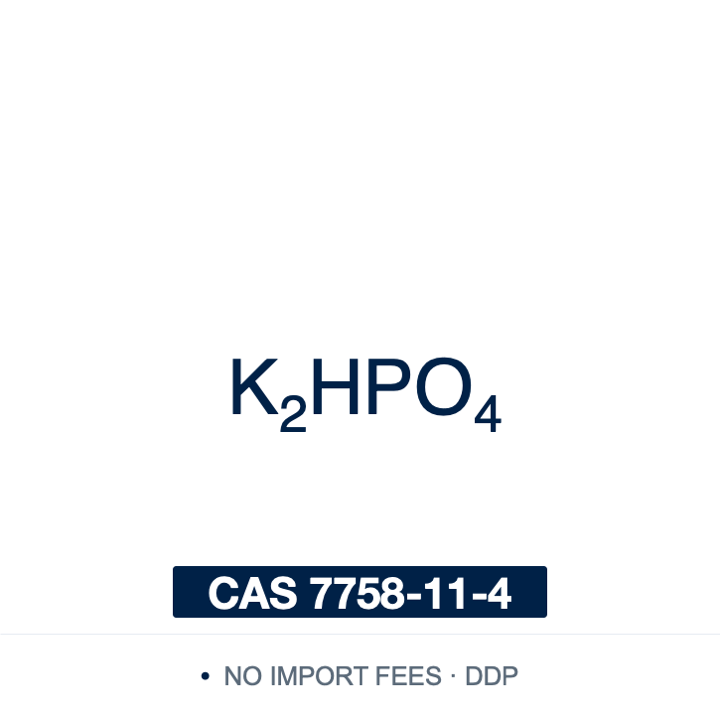 Chemical structure of Potassium Phosphate Dibasic (anhydrous), K₂HPO₄, CAS 7758-11-4, ≥99% — dipotassium hydrogen phosphate, pKa₃ 12.32, the basic member of the phosphate buffer pair, combined with the monobasic salt to prepare phosphate buffers across pH 5.8–8.0 and used as a phosphate and potassium source in microbiological and cell-culture media. Supplied by NorrChemica with DDP shipping. CoA and SDS provided.