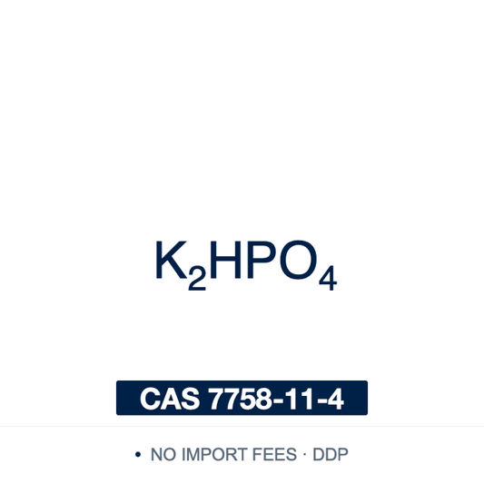 Chemical structure of Potassium Phosphate Dibasic (anhydrous), K₂HPO₄, CAS 7758-11-4, ≥99% — dipotassium hydrogen phosphate, pKa₃ 12.32, the basic member of the phosphate buffer pair, combined with the monobasic salt to prepare phosphate buffers across pH 5.8–8.0 and used as a phosphate and potassium source in microbiological and cell-culture media. Supplied by NorrChemica with DDP shipping. CoA and SDS provided.