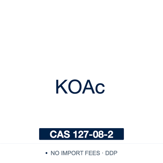 Chemical structure of Potassium Acetate (KOAc), CH₃CO₂K, CAS 127-08-2, ≥98% — acetate base for Miyaura borylation of aryl halides with B₂pin₂ and tetrahydroxydiboron, and the neutralisation reagent in alkaline lysis plasmid preparation. Supplied by NorrChemica with DDP shipping. CoA and SDS provided.